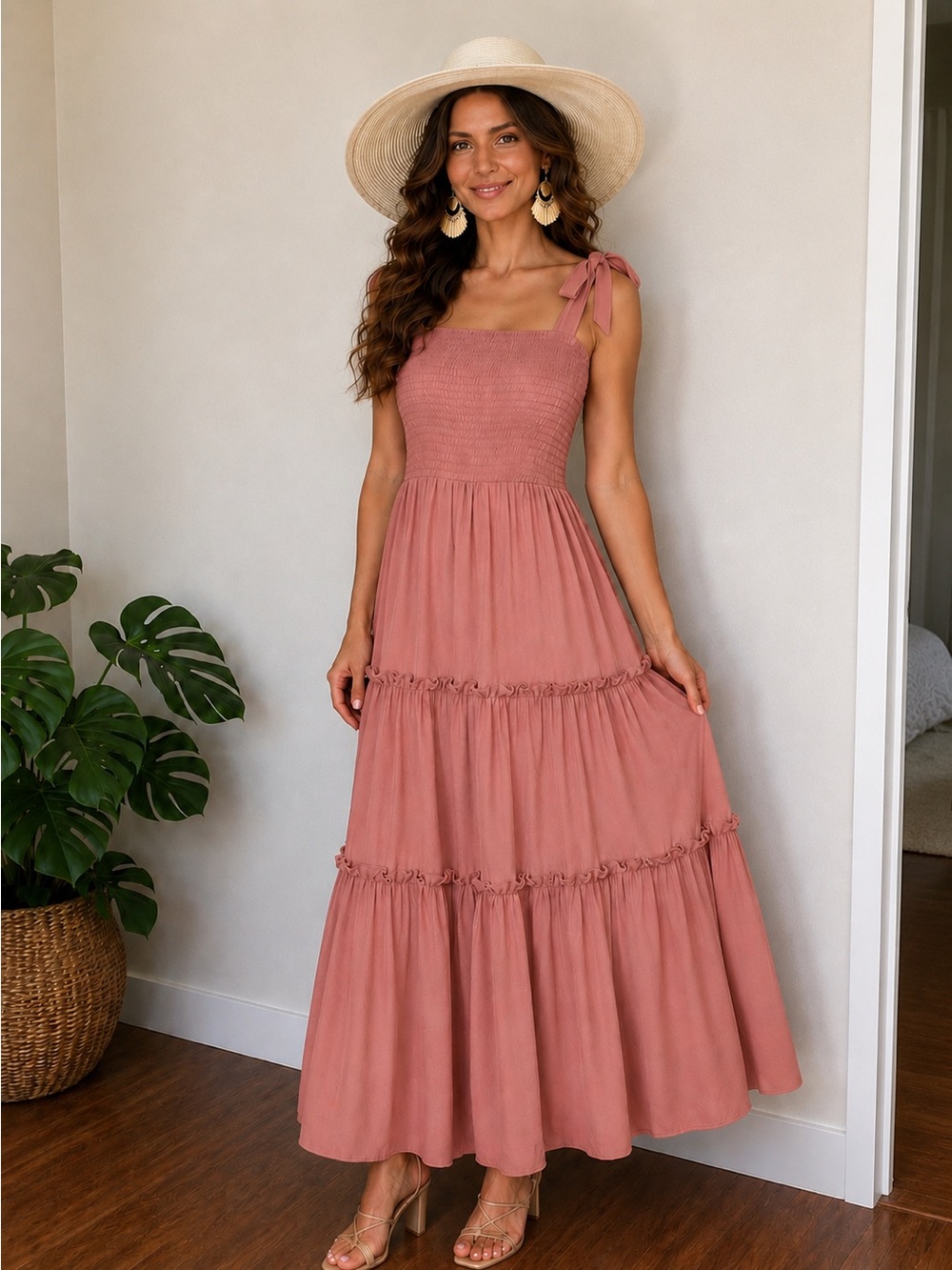 Altar'd State Dusty Rose Pink Maxi Dress with Smocked Bodice & Tie Straps
